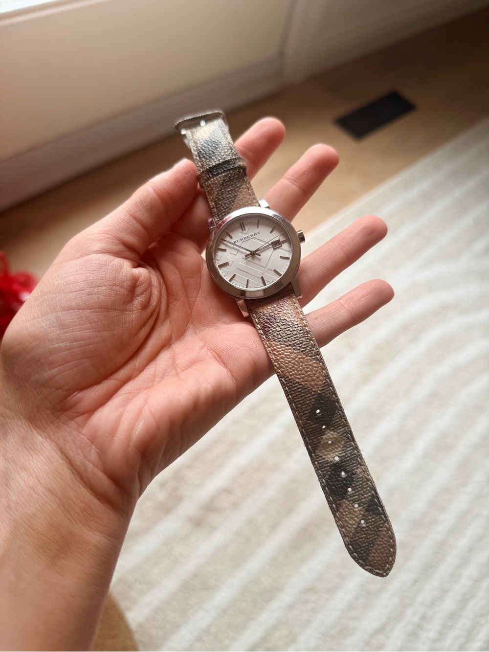 BURBERRY Silver Dial Watch with Iconic Patterned Leather Strap